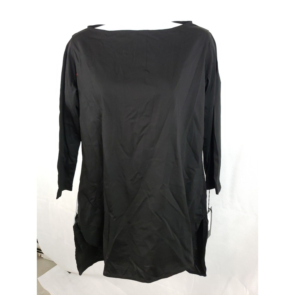 NWT Moyuru International Long Black Top Abstract Design 3/4 Sleeve Cotton Size M
